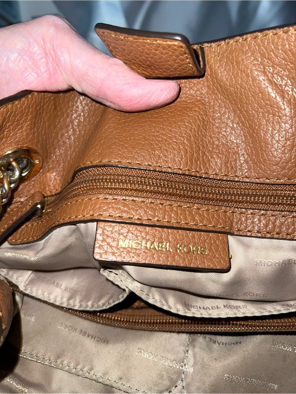 Michael Kors Cognac Pebbled Leather Shoulder/Crossbody Bag with Chain Straps - Picture 8 of 12